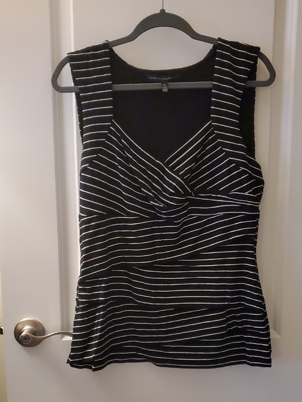 White House Black Market Black & White Striped Sleeveless Wrap Tank